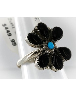 Petit Point Handmade Certified Authentic Zuni .925 Sterling Silver Turquoise and Black ONYX Native American Ring  390848323748