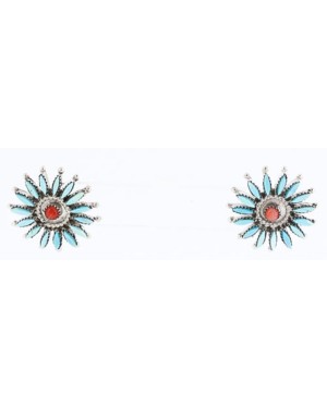 Petit Point Handmade Certified Authentic Zuni .925 Sterling Silver Turquoise CORAL Native American Earrings 371021025380
