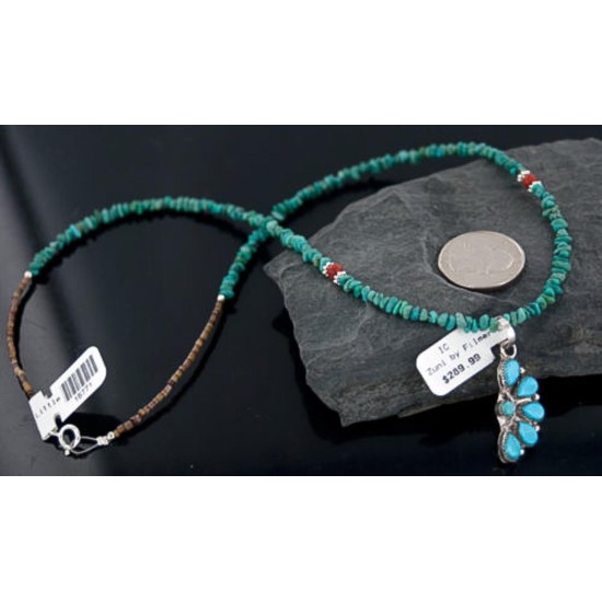 Petit Point Handmade Certified Authentic Zuni .925 Sterling Silver Turquoise Native American Necklace 390643159808
