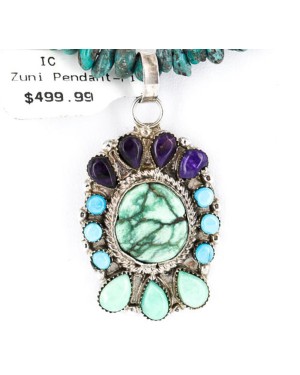 Petit Point Handmade Certified Authentic Zuni .925 Sterling Silver Turquoise Native American Necklace 390842253023