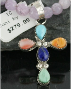 Petit Point Handmade CROSS Certified Authentic Zuni .925 Sterling Silver MultiColor Stones Native American Necklace 370953341535