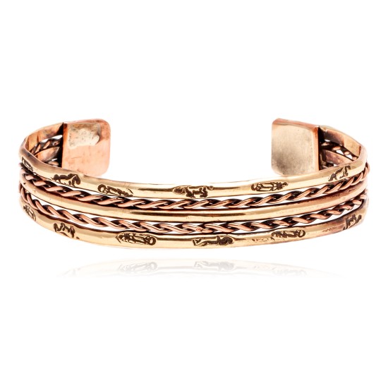Pure Copper and Brass Certified Authentic Navajo Native American Handmade Horse Feather Cuff Bracelet 12845-6
