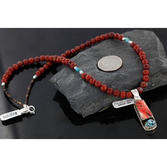 Handmade Certified Authentic Navajo .925 Sterling Silver Natural Spiny Oyster and Turquoise Native American Necklace 390747380878