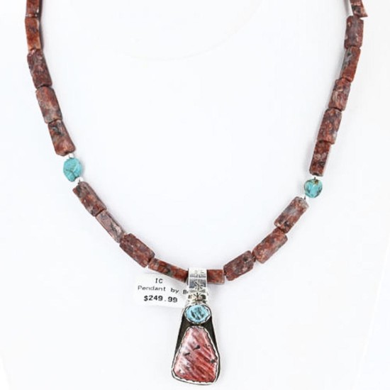Handmade Certified Authentic Navajo .925 Sterling Silver Natural Spiny Oyster and Turquoise Native American Necklace 390758439879