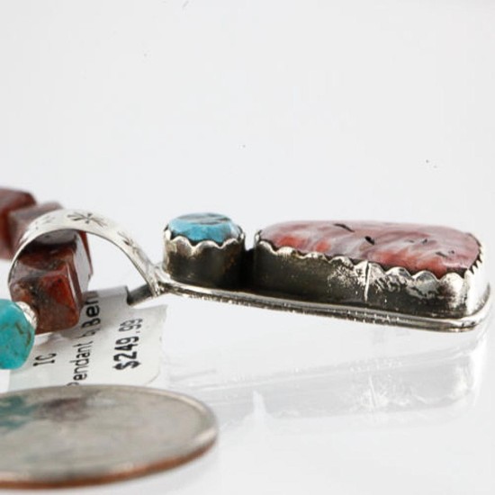 Handmade Certified Authentic Navajo .925 Sterling Silver Natural Spiny Oyster and Turquoise Native American Necklace 390758439879