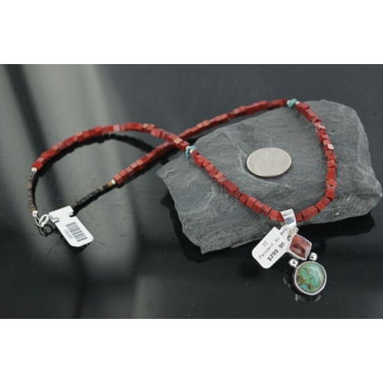 Handmade Certified Authentic Navajo .925 Sterling Silver Natural Spiny Oyster and Turquoise Native American Necklace 370907970307