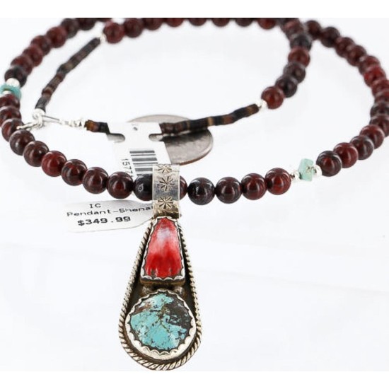 Handmade Certified Authentic Navajo .925 Sterling Silver Natural Spiny Oyster and Turquoise Native American Necklace 390767964447