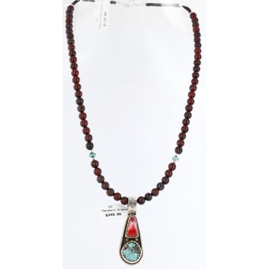 Handmade Certified Authentic Navajo .925 Sterling Silver Natural Spiny Oyster and Turquoise Native American Necklace 390767964447