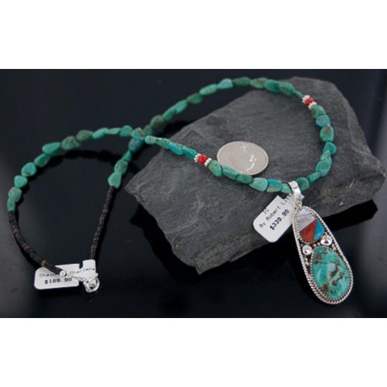 Handmade Certified Authentic Navajo .925 Sterling Silver Natural Coral and Turquoise Native American Necklace 370891381547