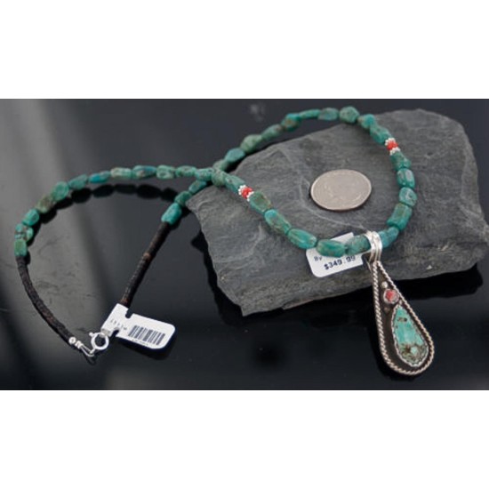 Handmade Certified Authentic Navajo .925 Sterling Silver Natural Spiny Oyster and Turquoise Native American Necklace 370895743452