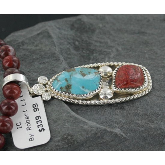 Handmade Certified Authentic Navajo .925 Sterling Silver Natural Coral and Turquoise Native American Necklace 390714864122