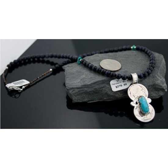 RARE Double OLD Buffalo Coin Certified Authentic Navajo Native .925 Sterling Silver Turquoise Native American Necklace 370787971063