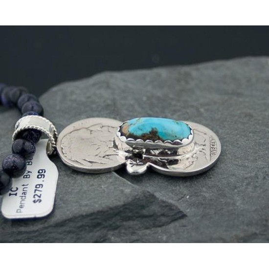 RARE Double OLD Buffalo Coin Certified Authentic Navajo Native .925 Sterling Silver Turquoise Native American Necklace 370787971063