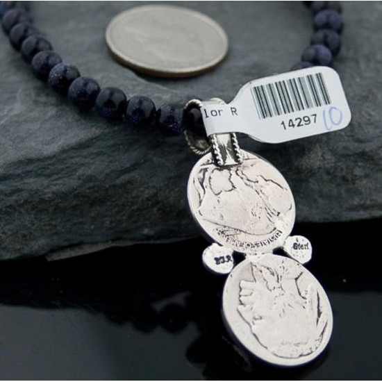 RARE Double OLD Buffalo Coin Certified Authentic Navajo Native .925 Sterling Silver Turquoise Native American Necklace 370787971063