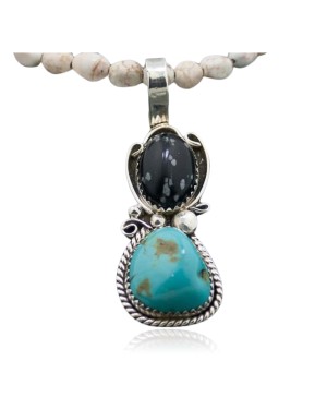 Rare Handmade Certified Authentic Navajo .925 Sterling Silver Natural Snowflake Obsidian and Turquoise Native American Necklace 370838744990