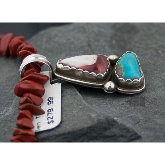 Rare Handmade Certified Authentic Navajo .925 Sterling Silver Natural Turquoise and Spiny Oyster Native American Necklace 370840033802