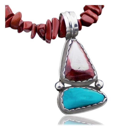 Rare Handmade Certified Authentic Navajo .925 Sterling Silver Natural Turquoise and Spiny Oyster Native American Necklace 370840033802