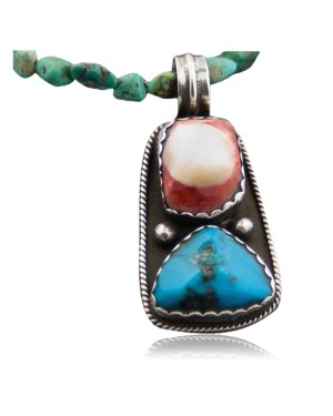 Rare Handmade Certified Authentic Navajo .925 Sterling Silver Natural Turquoise and Spiny Oyster Native American Necklace 390601692826