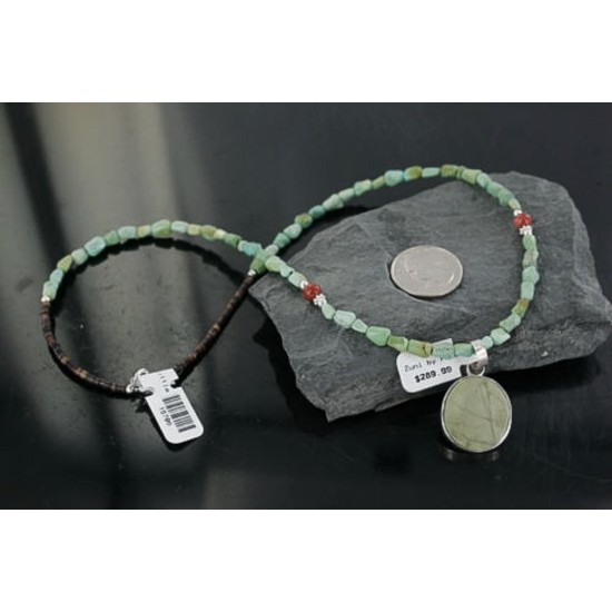 Real Handmade Inlaid Certified Authentic Zuni .925 Sterling Silver Boulder Turquoise Native American Necklace 390678420543