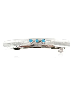 Silver Navajo Handmade Natural Turquoise Native American Hair Barrette 10346-2