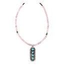Sun .925 Sterling Silver Certified Authentic Handmade Navajo Native American Natural Turquoise And Rose Quartz Necklace And Pendant   370929328033