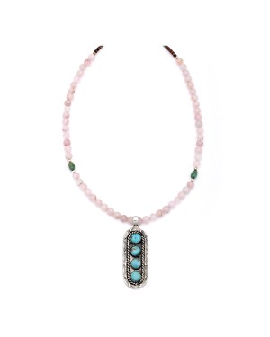 Sun .925 Sterling Silver Certified Authentic Handmade Navajo Native American Natural Turquoise And Rose Quartz Necklace And Pendant   370929328033
