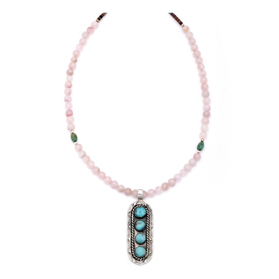 Sun .925 Sterling Silver Certified Authentic Handmade Navajo Native American Natural Turquoise And Rose Quartz Necklace And Pendant   370929328033