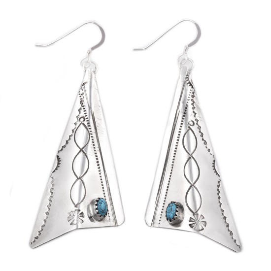 Sun .925 Sterling Silver Certified Authentic Handmade Navajo Native American Natural Turquoise Large Dangle Earrings 27256