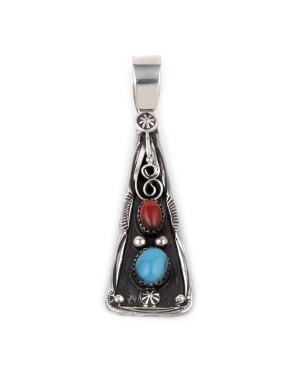 Sun Flower .925 Starling Silver Certified Authentic Handmade Navajo Native American Natural Turquoise Coral Pendent  18330