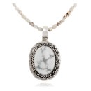 Sun Oval .925 Sterling Silver Certified Authentic Handmade Navajo Native American White Howlite Necklace 12922-2-25289