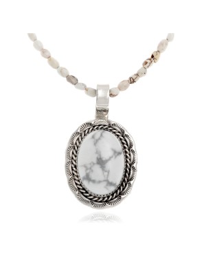 Sun Oval .925 Sterling Silver Certified Authentic Handmade Navajo Native American White Howlite Necklace 12922-2-25289