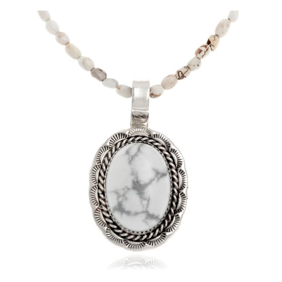Sun Oval .925 Sterling Silver Certified Authentic Handmade Navajo Native American White Howlite Necklace 12922-2-25289