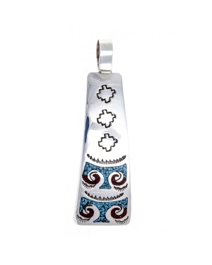 Thunderbird .925 Starling Silver Certified Authentic Handmade Navajo Native American Natural Turquoise Coral Pendent  24541-5
