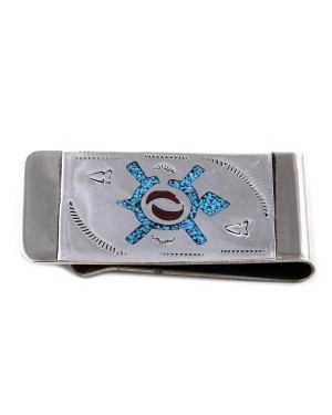 Turtle .925 Sterling Silver Ray Begay Certified Authentic Handmade Navajo Native American Natural Turquoise Coral Money Clip 11253-4