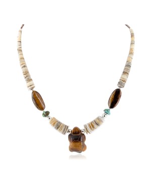 Turtle Certified Authentic Navajo .925 Sterling Silver Natural Turquoise Graduated Melon Shell Tigers Eye Native American Necklace 790108