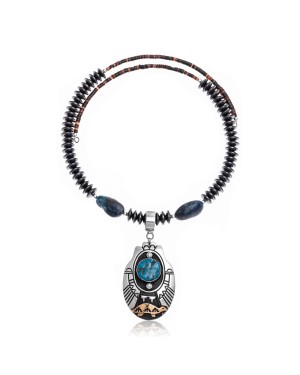 Turtle Natural Turquoise and Hematite .925 Sterling Silver Certified Authentic Navajo Native American Handmade Necklace and Pendant 24537-25560