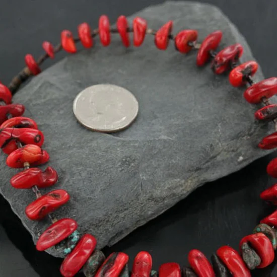 Navajo .925 Sterling Silver Graduated Coral Turquoise 4095 Native American Necklace 15409-5 Navajo .925 Sterling Silver Graduated Coral Turquoise 4095 Native American Necklace 15409-5