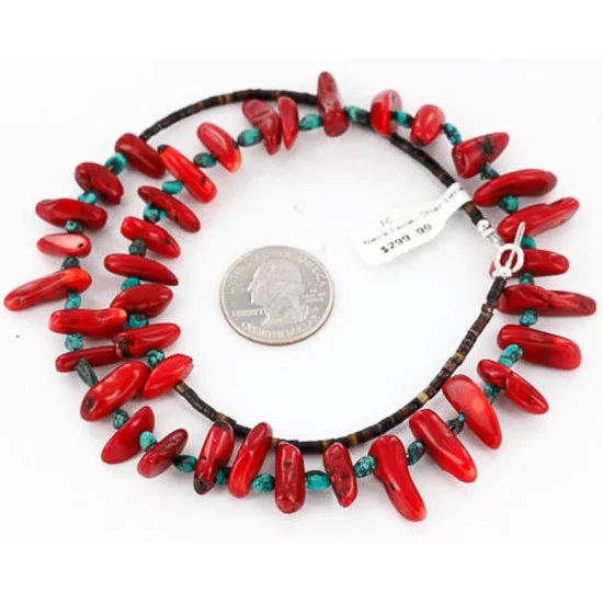Navajo .925 Sterling Silver Graduated Coral Turquoise Native American Necklace 750120-1 Navajo .925 Sterling Silver Graduated Coral Turquoise Native American Necklace 750120-1