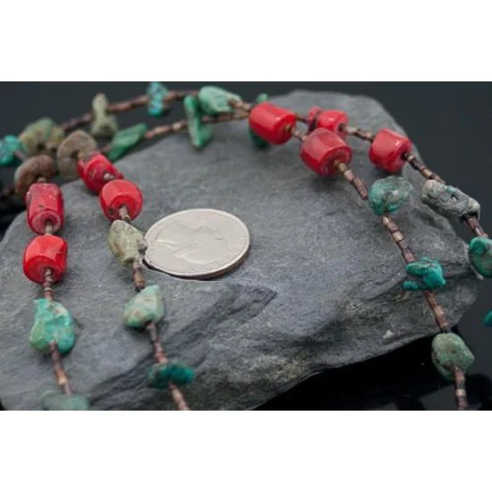 Vintage Style 2 Strand Navajo .925 Sterling Silver Natural Turquoise and Coral Native American Necklace 750106-14 Vintage Style 2 Strand Navajo .925 Sterling Silver Natural Turquoise and Coral Native American Necklace 750106-14