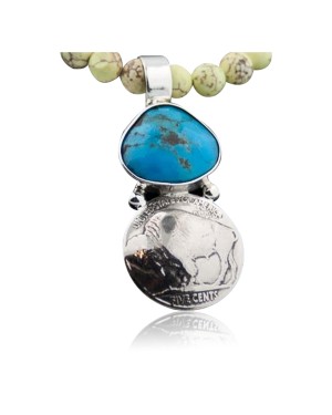 Vintage Style Buffalo Coin Certified Authentic Handmade Navajo .925 Sterling Silver Natural Turquoise Native American Necklace 390597267004