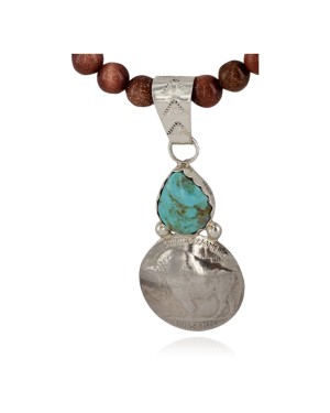 Vintage Style Buffalo Nickel .925 Sterling Silver Handmade Certified Authentic Navajo Natural Turquoise Goldstone Native American Necklace 24412-1-16076-9