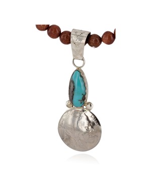Vintage Style Buffalo Nickel and .925 Sterling Silver Handmade Certified Authentic Navajo Natural Turquoise Goldstone Native American Necklace 24412-2-16076-8