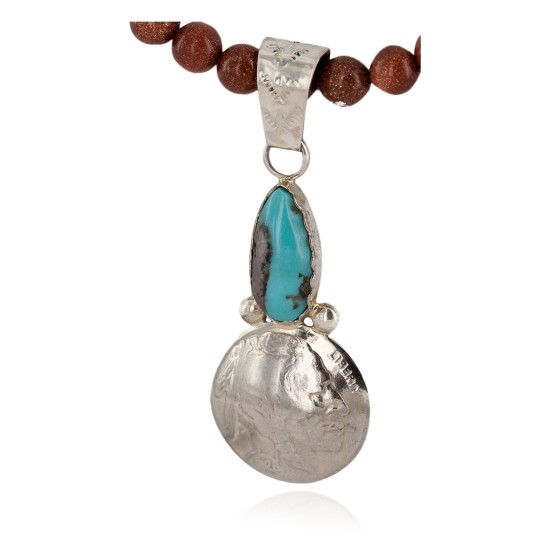 Vintage Style Buffalo Nickel and .925 Sterling Silver Handmade Certified Authentic Navajo Natural Turquoise Goldstone Native American Necklace 24412-2-16076-8