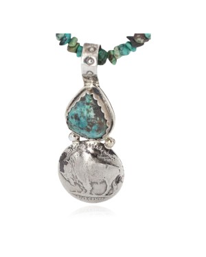 Vintage Style Buffalo Nickel and .925 Sterling Silver Handmade Certified Authentic Navajo Natural Turquoise Hematite Native American Necklace 15911-15946
