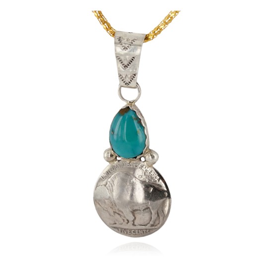 Vintage Style Buffalo Nickel and .925 Sterling Silver Handmade Certified Authentic Navajo Natural Turquoise Native American Necklace 24412-3