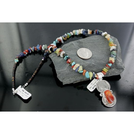 Vintage Style Indian Head OLD Double Buffalo Coin Certified Authentic Navajo .925 Sterling Silver Spiny Oyster Native American Necklace 370901970097