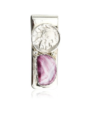 Vintage Style OLD Buffalo Coin Certified Authentic Navajo .925 Sterling Silver and Nickel Natural Purple Spiny Oyster Native American Money Clip 11248-3