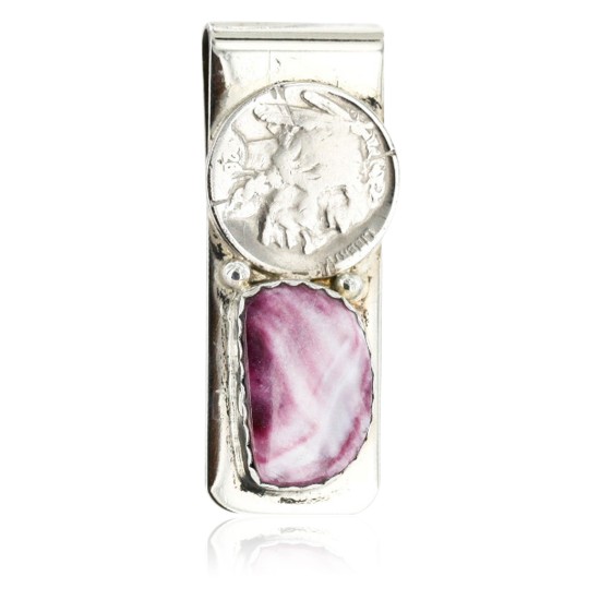 Vintage Style OLD Buffalo Coin Certified Authentic Navajo .925 Sterling Silver and Nickel Natural Purple Spiny Oyster Native American Money Clip 11248-3