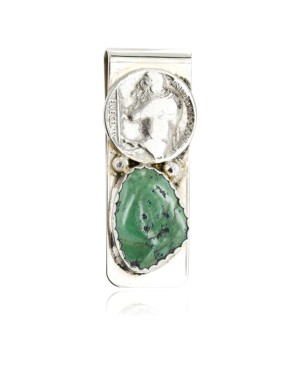 Vintage Style OLD Buffalo Coin Certified Authentic Navajo .925 Sterling Silver and Nickel Natural Turquoise Native American Money Clip 11248-1
