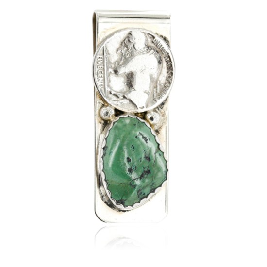 Vintage Style OLD Buffalo Coin Certified Authentic Navajo .925 Sterling Silver and Nickel Natural Turquoise Native American Money Clip 11248-1